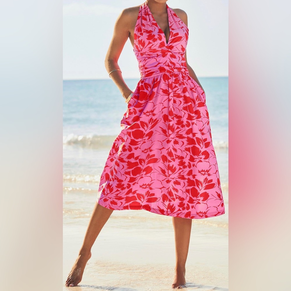 Boston Proper Cabana Floral Halter Fit And Flare Dress Pink Size 16